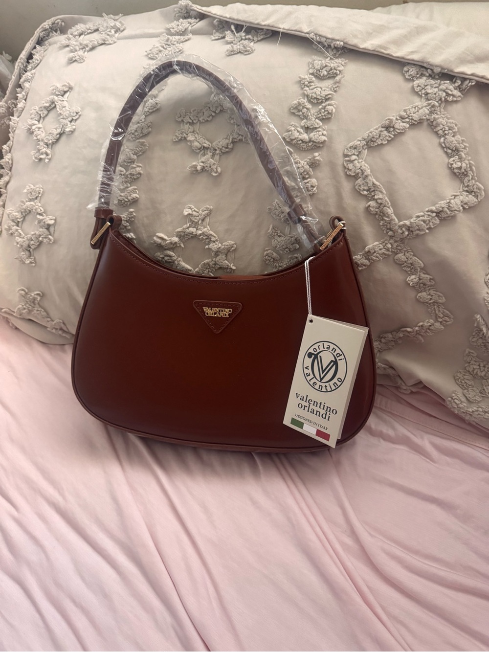 Valentino Orlandi Chestnut Brown Leather Shoulder Bag with Gold Logo